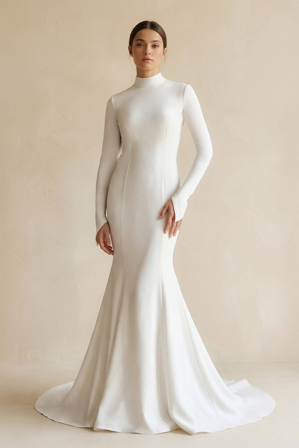 Stretch Satin High-Neck Mermaid Wedding Dress in White