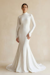 Stretch Satin High - Neck Mermaid Wedding Dress in White - KISS BRIDAL Wedding Dresses
