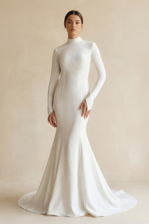 Stretch Satin High - Neck Mermaid Wedding Dress in White - KISS BRIDAL Wedding Dresses