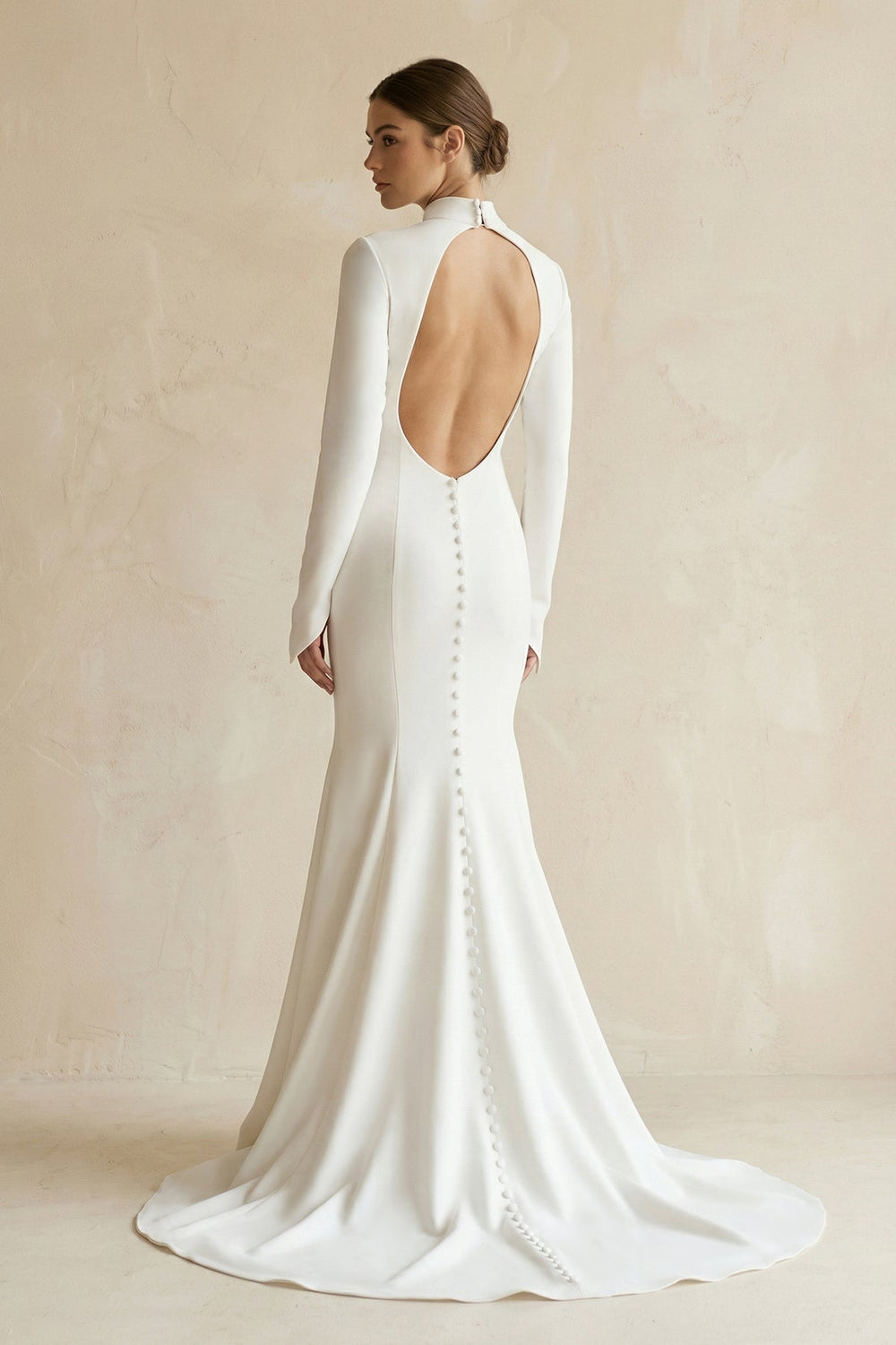 Stretch Satin High-Neck Mermaid Wedding Dress in White