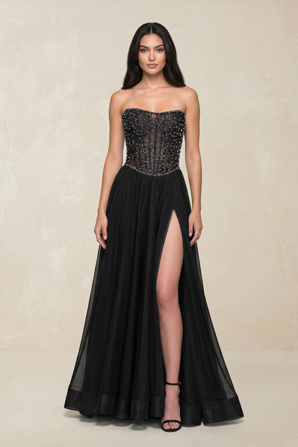 Stunning Strapless Tulle A - Line Corset Wedding Dress With Slit in Black - KISS BRIDAL Wedding Dresses
