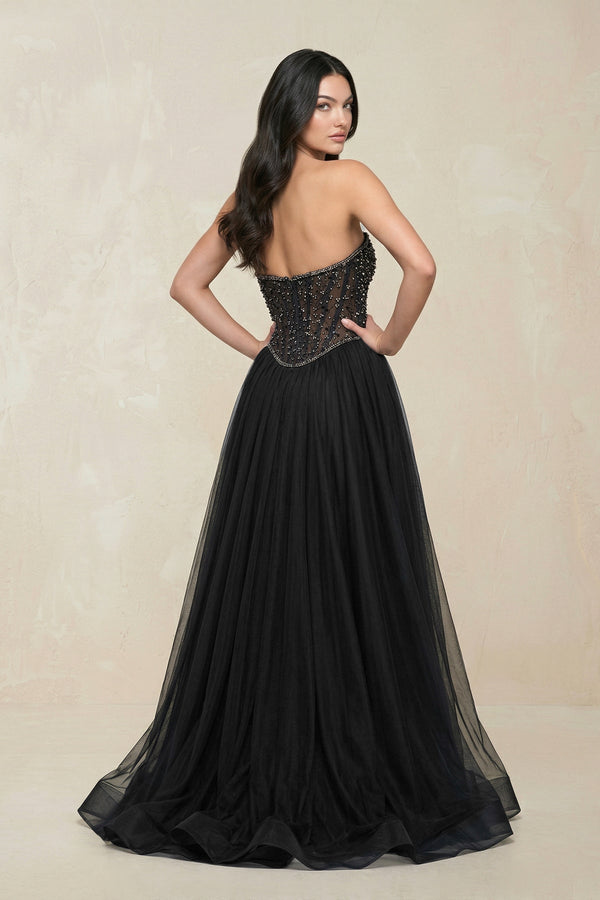 Stunning Strapless Tulle A - Line Corset Wedding Dress With Slit in Black - KISS BRIDAL Wedding Dresses