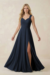 Sweetheart A - Line Chiffon Long Bridesmaid Dress in Dark Navy - KISS BRIDAL Bridesmaid Dresses