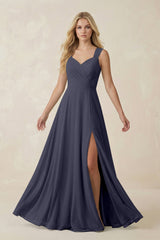 Sweetheart A - Line Chiffon Long Bridesmaid Dress in Dusk Blue - KISS BRIDAL Bridesmaid Dresses