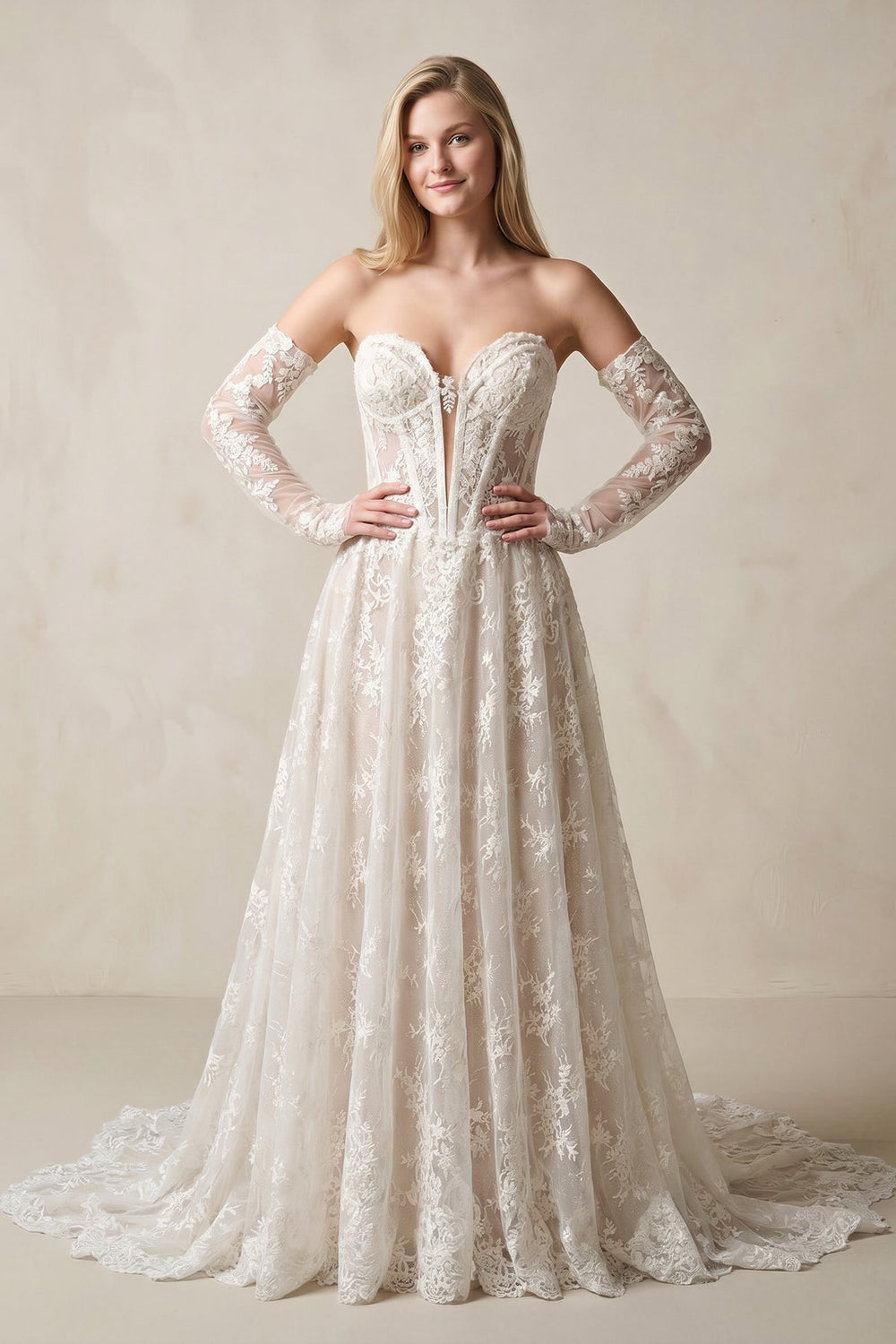 Sweetheart A-Line Lace Corset Appliqued Wedding Dress With Detachable Sleeves in Ivory