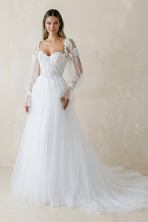 Sweetheart A Line Long Sleeves Tulle Wedding Dress in White - KISS BRIDAL Wedding Dresses