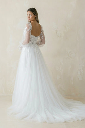 Sweetheart A Line Long Sleeves Tulle Wedding Dress in White - KISS BRIDAL Wedding Dresses