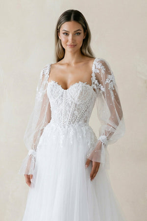Sweetheart A Line Long Sleeves Tulle Wedding Dress in White - KISS BRIDAL Wedding Dresses