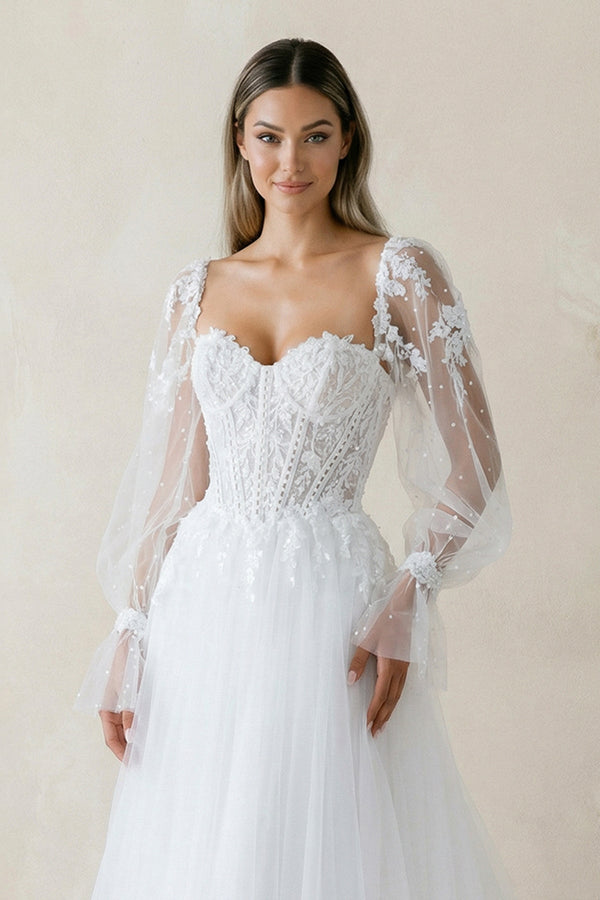 Sweetheart A Line Long Sleeves Tulle Wedding Dress in White - KISS BRIDAL Wedding Dresses