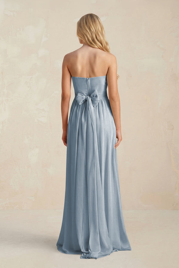 Sweetheart A-Line Pleated Chiffon Bridesmaid Dress With Slit in Dusty Blue (2) | KISSBRIDAL