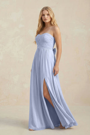 Sweetheart A-Line Pleated Chiffon Bridesmaid Dress With Slit in Ice (3) | KISSBRIDAL