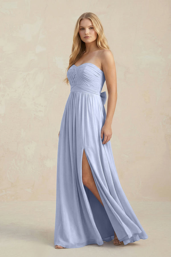 Sweetheart A-Line Pleated Chiffon Bridesmaid Dress With Slit in Ice (3) | KISSBRIDAL