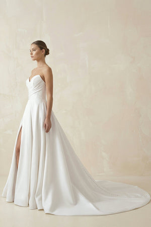 Sweetheart A - Line Ruched Satin Wedding Dress in White - KISS BRIDAL Wedding Dresses