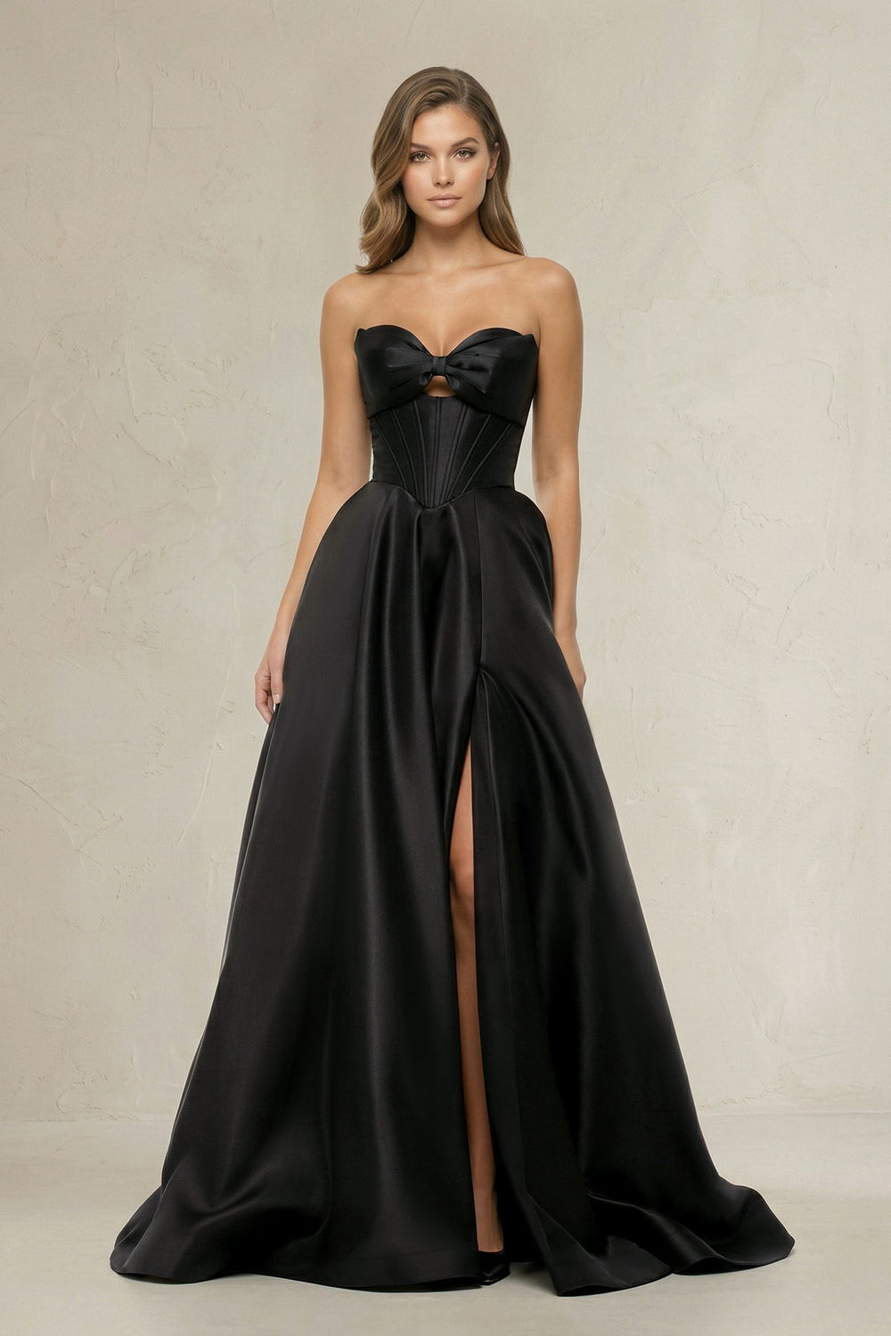 Sweetheart A-Line Satin Corset Wedding Dress with Bow in Black