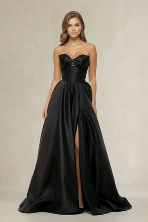 Sweetheart A - Line Satin Corset Wedding Dress with Bow in Black - KISS BRIDAL Wedding Dresses
