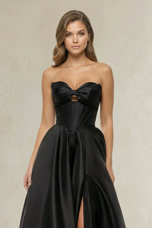 Sweetheart A - Line Satin Corset Wedding Dress with Bow in Black - KISS BRIDAL Wedding Dresses