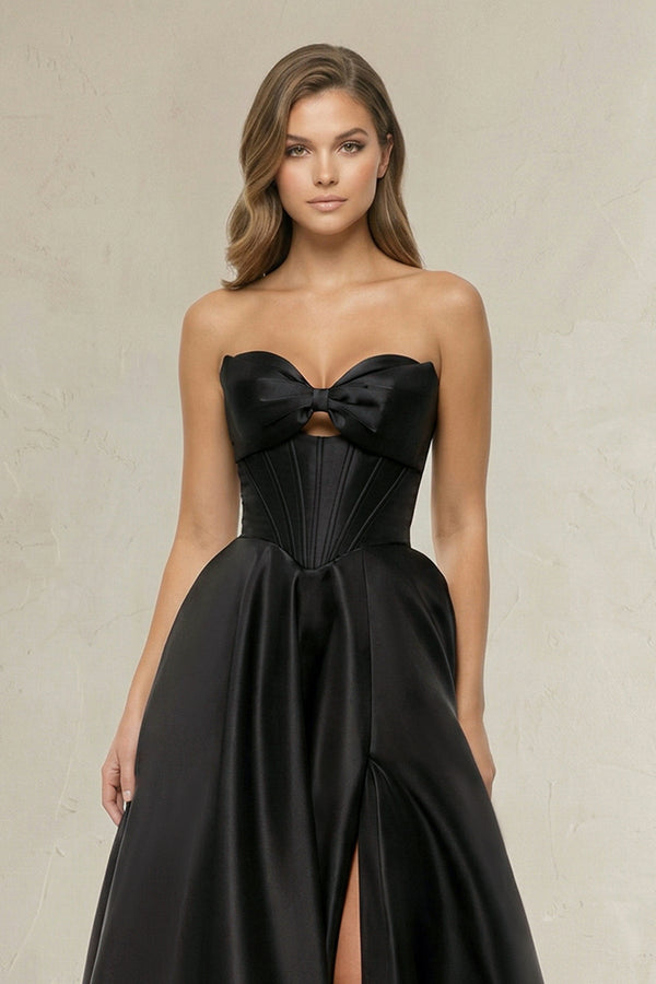 Sweetheart A - Line Satin Corset Wedding Dress with Bow in Black - KISS BRIDAL Wedding Dresses