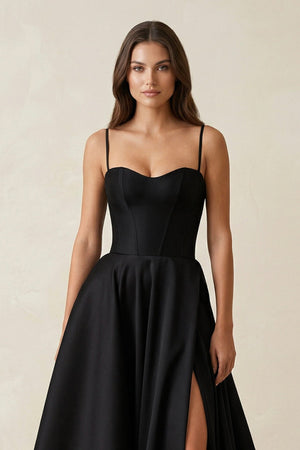 Sweetheart A - Line Satin Corset Wedding Dress with Slit in Black - KISS BRIDAL Wedding Dresses