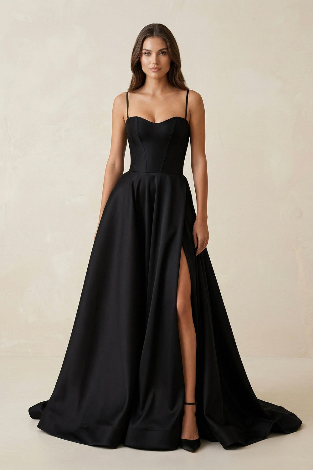 Sweetheart A-Line Satin Corset Wedding Dress with Slit in Black