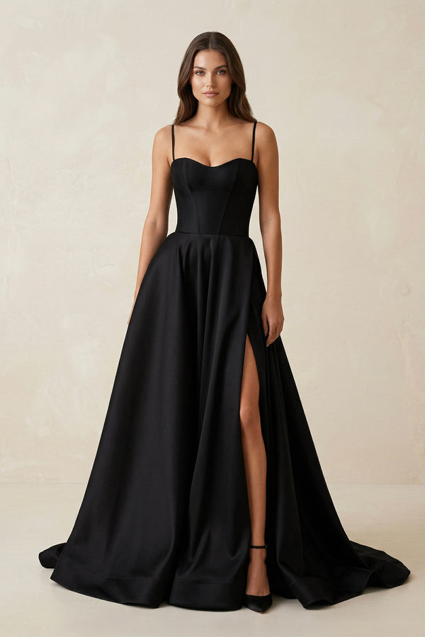Sweetheart A - Line Satin Corset Wedding Dress with Slit in Black - KISS BRIDAL Wedding Dresses