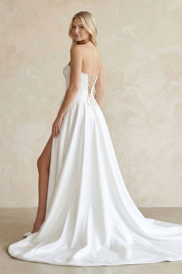 Sweetheart A - Line Satin Corset Wedding Dress with Slit in White - KISS BRIDAL Wedding Dresses