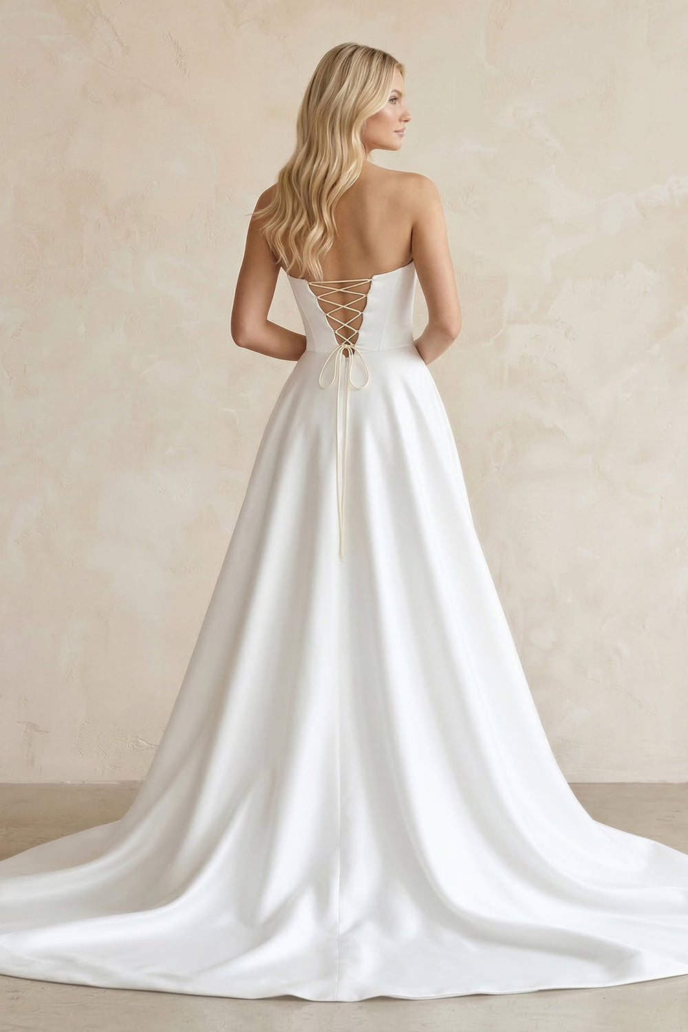 Strapless A-Line Satin Corset Wedding Dress with Slit in White