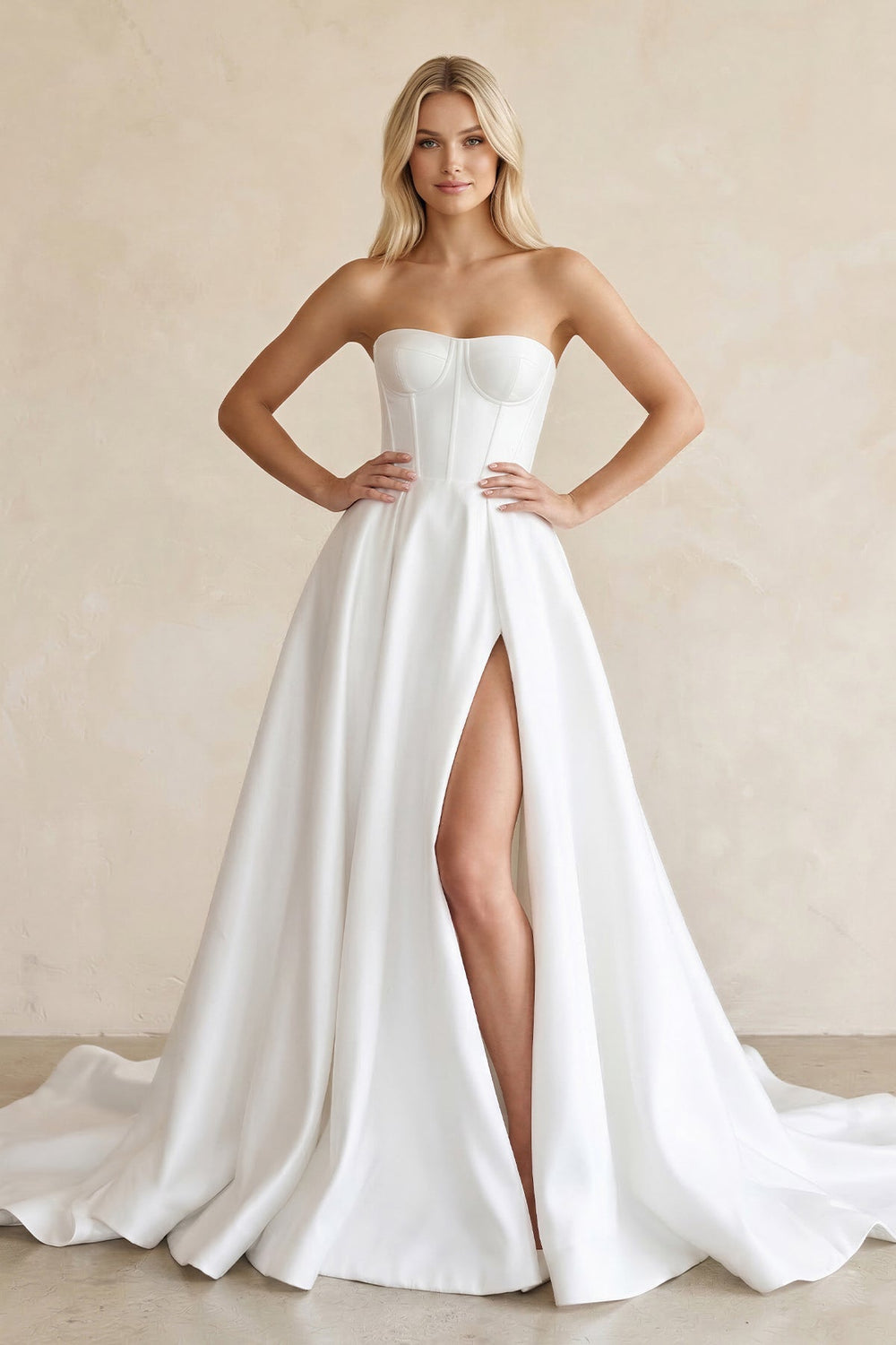 Strapless A-Line Satin Corset Wedding Dress with Slit in White