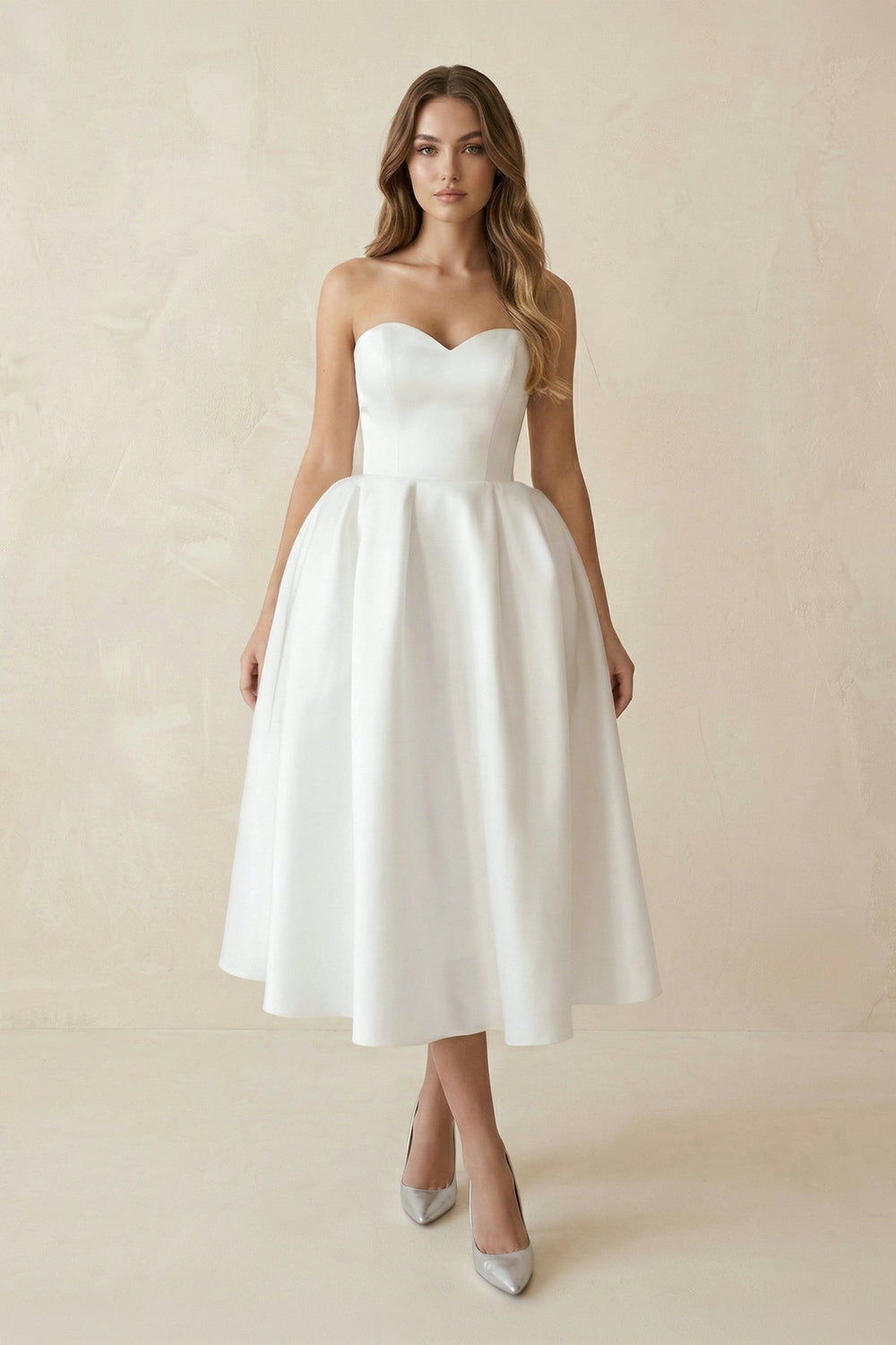 Sweetheart Ball-Gown Satin Midi Wedding Dress in White