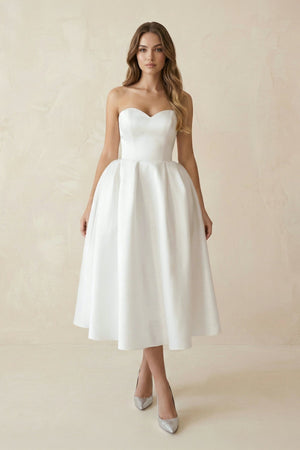 Sweetheart A - Line Satin Midi Wedding Dress in White - KISS BRIDAL Wedding Dresses
