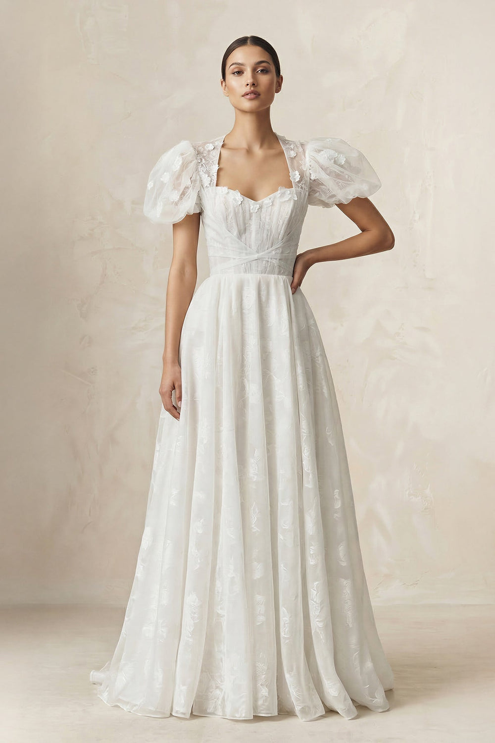 Sweetheart A-Line Tulle Puff Sleeve Wedding Dress in Ivory
