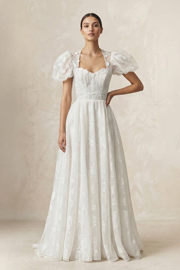 Sweetheart A - Line Tulle Puff Sleeve Wedding Dress in Ivory - KISS BRIDAL Wedding Dresses
