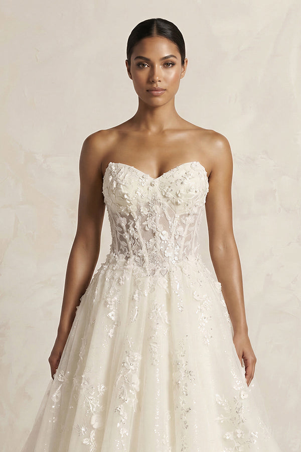 Sweetheart Appliqued Corset A - Line Wedding Gown in Ivory - KISS BRIDAL Wedding Dresses