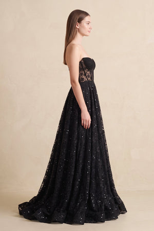 Black Sweetheart Appliqued Corset Lace Ball Gown Wedding Dress With Slit - KISSBRIDAL