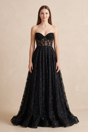 Black Sweetheart Appliqued Corset Lace Ball Gown Wedding Dress With Slit - KISSBRIDAL