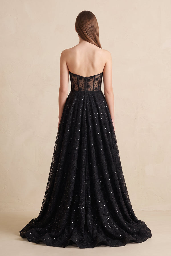 Black Sweetheart Appliqued Corset Lace Ball Gown Wedding Dress With Slit - KISSBRIDAL