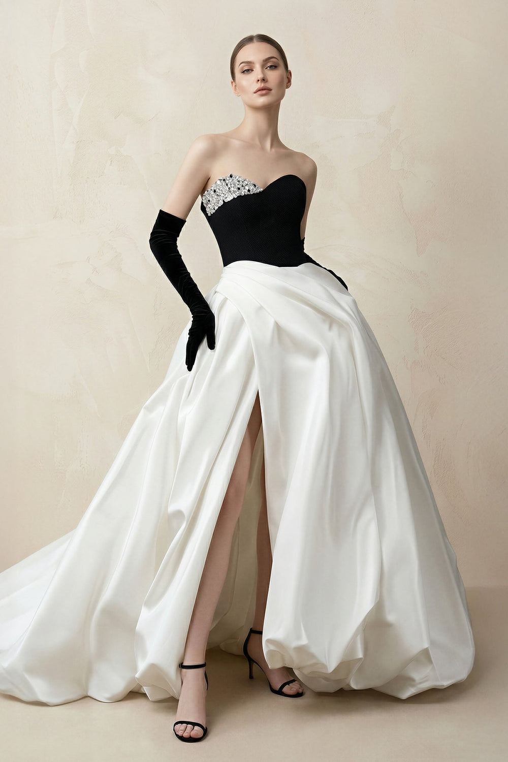 Sweetheart Ball Gown Beaded Satin Wedding Dress With Slit in Black and White