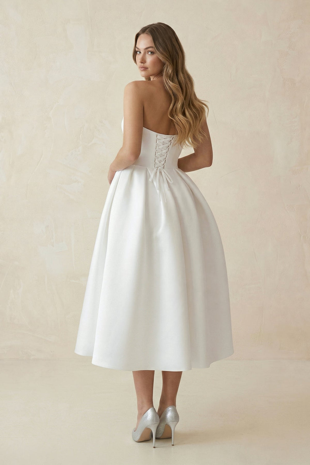 Sweetheart Ball-Gown Satin Midi Wedding Dress in White