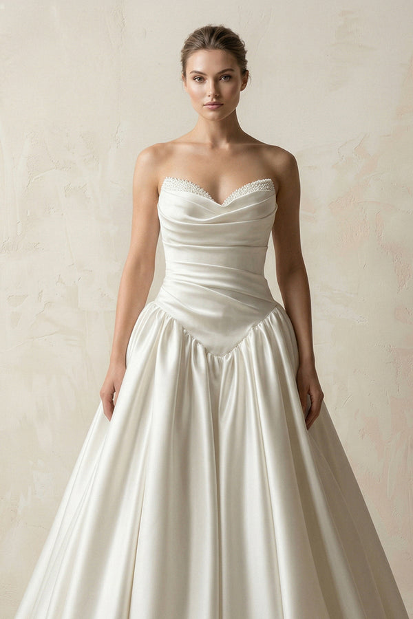 Sweetheart Ball - Gown Satin Ruched Wedding Dress in White - KISS BRIDAL Wedding Dresses