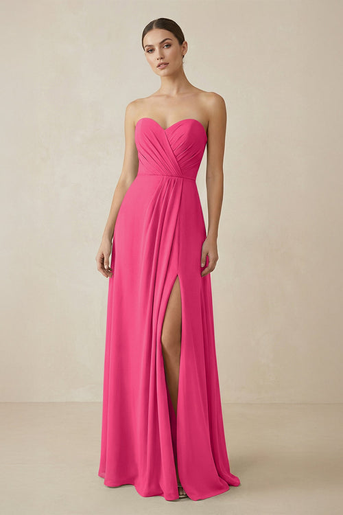 Sweetheart Chiffon A-Line Bridesmaid Dress with Slit in Fuchsia | KISSBRIDAL