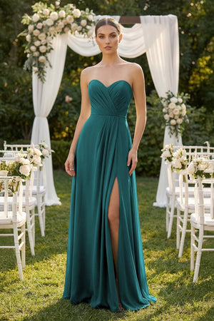 Sweetheart Chiffon A - Line Bridesmaid Dress with Slit in Pine - KISS BRIDAL Bridesmaid Dresses