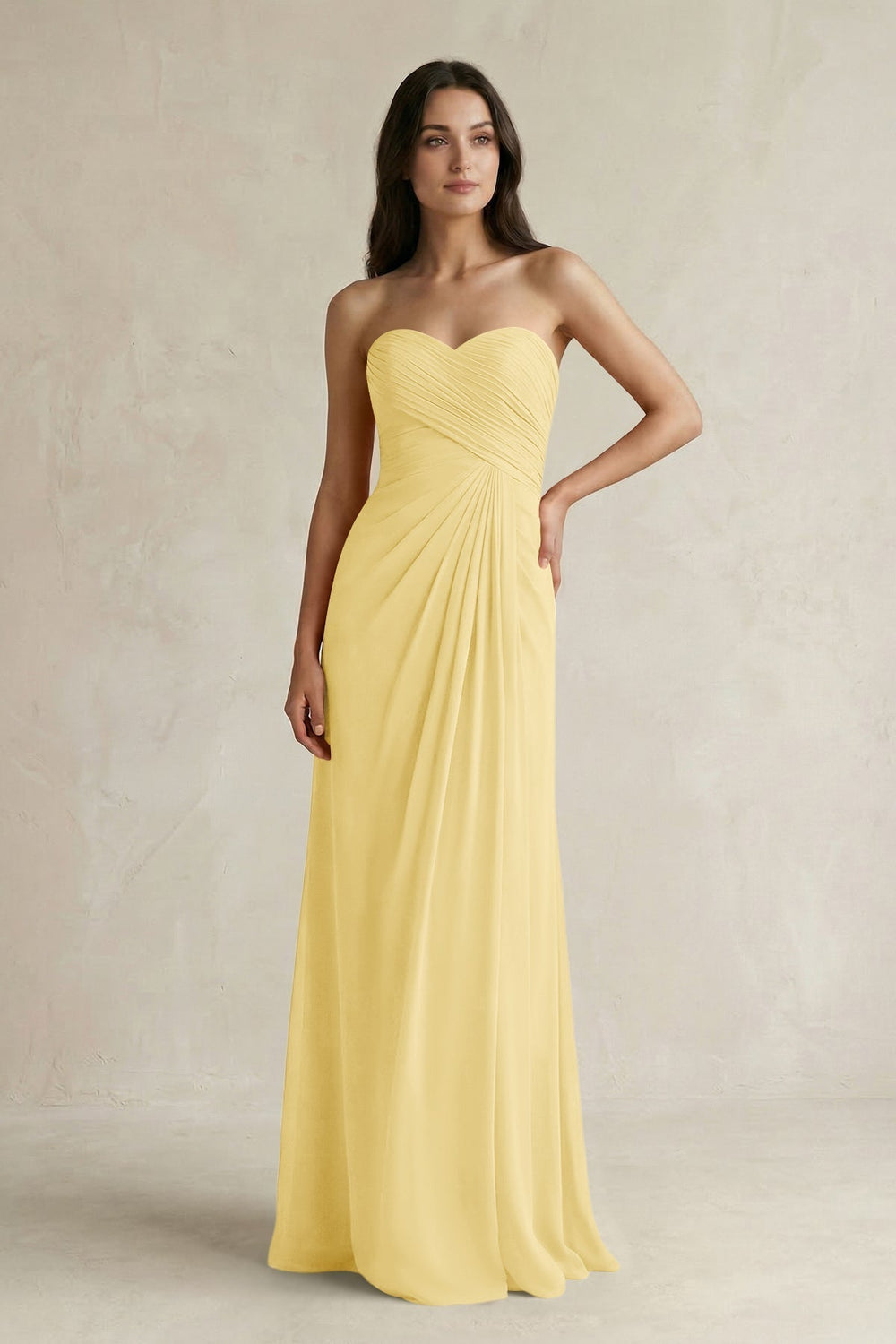 Sweetheart Chiffon Pleated Sheath Bridesmaid Dress  in Pastel Yellow
