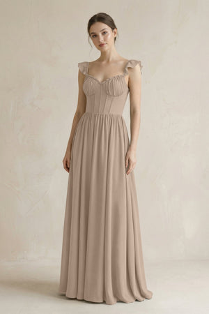 Sweetheart Chiffon Ruffled A-Line Corset Bridesmaid Dress in Almond | KISSBRIDAL