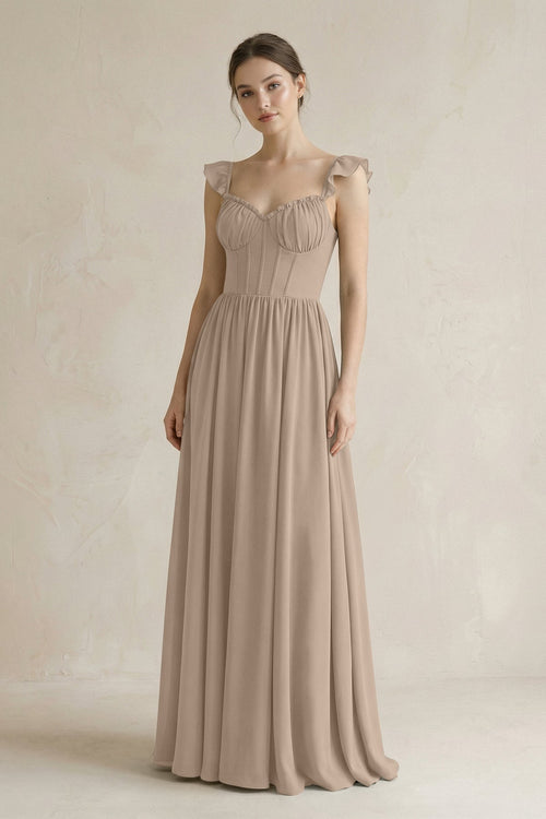 Sweetheart Chiffon Ruffled A-Line Corset Bridesmaid Dress in Almond | KISSBRIDAL