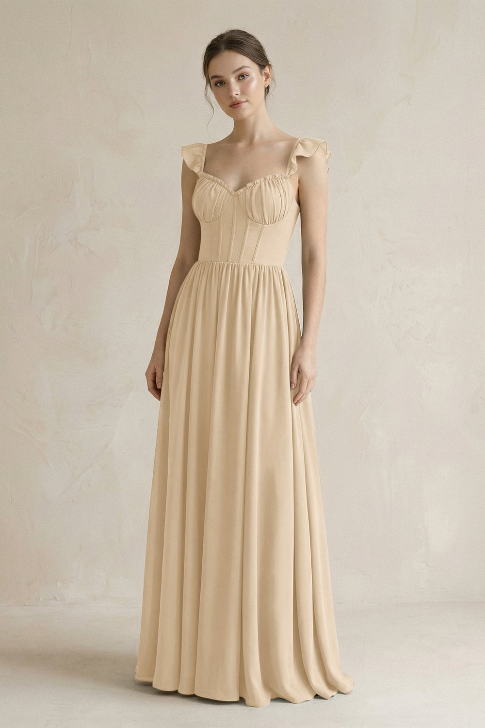 Sweetheart Chiffon Ruffled A-Line Corset Bridesmaid Dress in Champagne