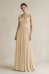 Sweetheart Chiffon Ruffled A-Line Corset Bridesmaid Dress in Champagne | KISSBRIDAL