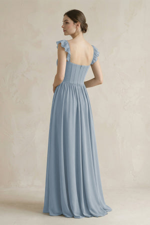Sweetheart Chiffon Ruffled A-Line Corset Bridesmaid Dress in Dusty Blue (2) | KISSBRIDAL