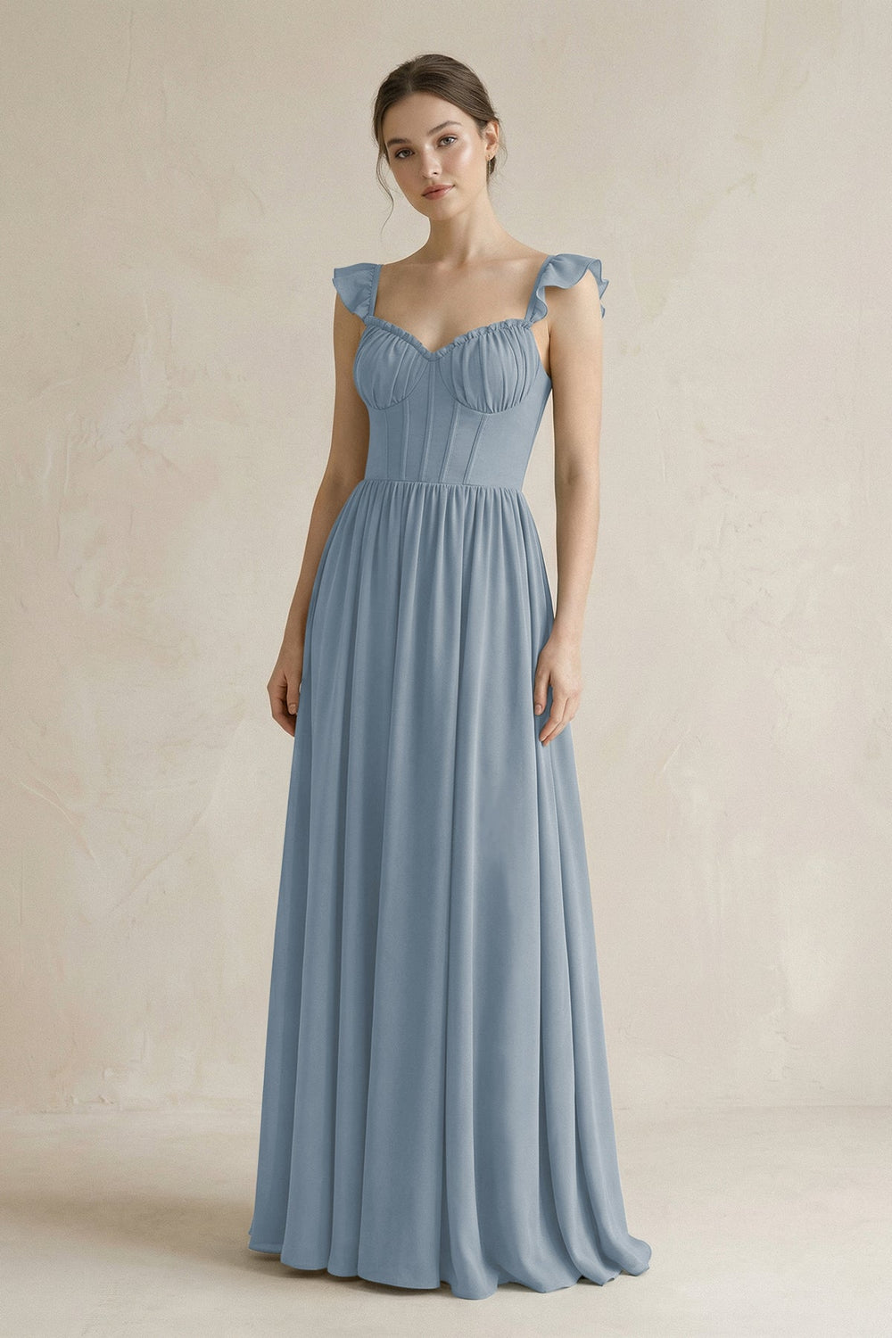 Sweetheart Chiffon Ruffled A-Line Corset Bridesmaid Dress in Dusty Blue