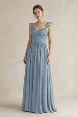 Sweetheart Chiffon Ruffled A-Line Corset Bridesmaid Dress in Dusty Blue | KISSBRIDAL