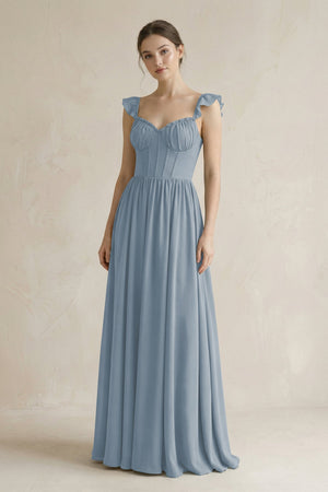 Sweetheart Chiffon Ruffled A-Line Corset Bridesmaid Dress in Dusty Blue | KISSBRIDAL