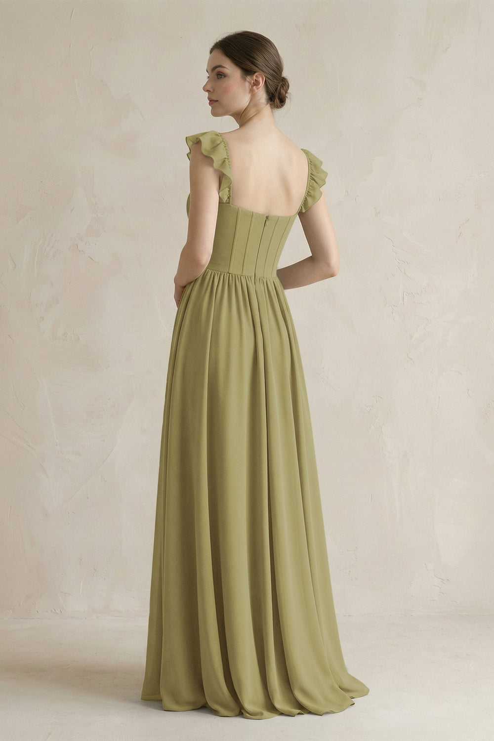 Sweetheart Chiffon Ruffled A-Line Corset Bridesmaid Dress in Moss Green